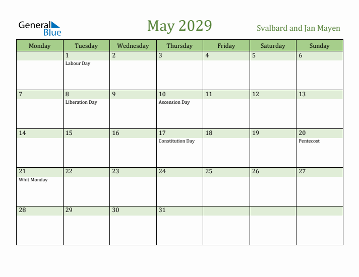 May 2029 Calendar with Svalbard and Jan Mayen Holidays