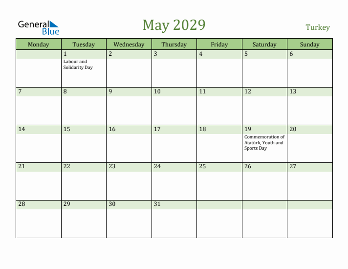 May 2029 Calendar with Turkey Holidays