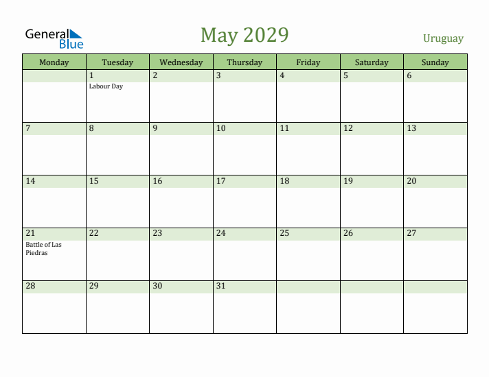 May 2029 Calendar with Uruguay Holidays