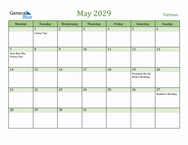 May 2029 Calendar with Vietnam Holidays