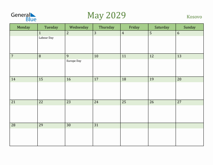 May 2029 Calendar with Kosovo Holidays