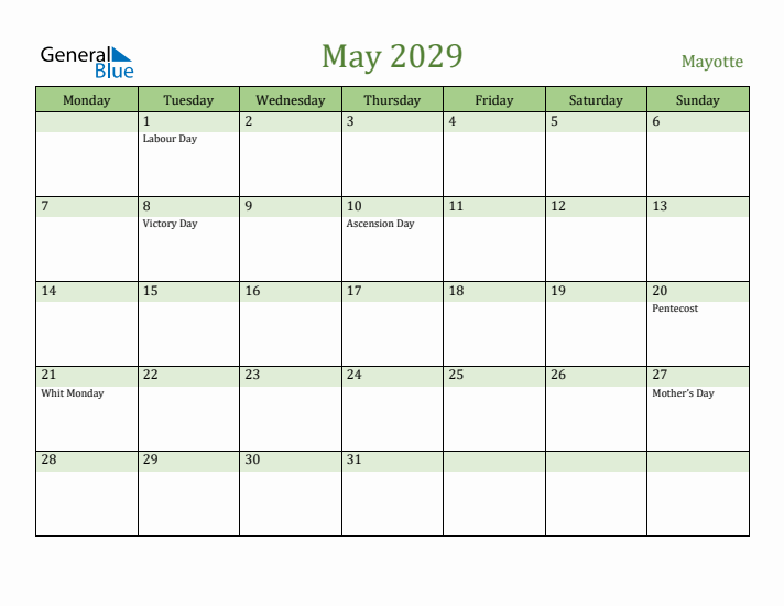 May 2029 Calendar with Mayotte Holidays