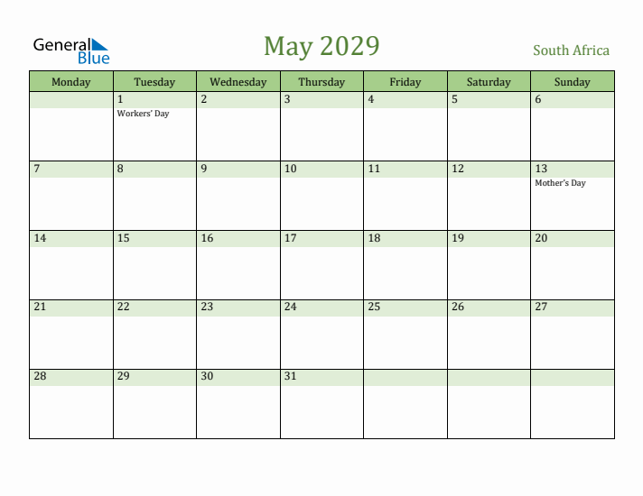 May 2029 Calendar with South Africa Holidays