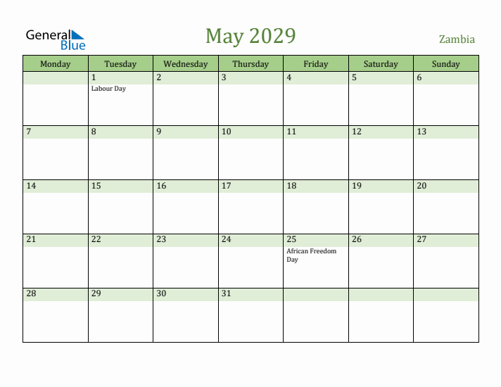 May 2029 Calendar with Zambia Holidays