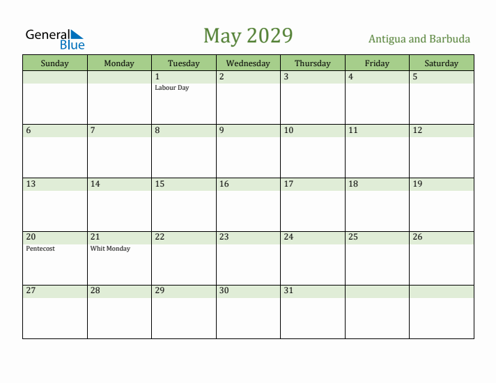 May 2029 Calendar with Antigua and Barbuda Holidays