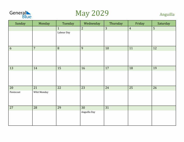 May 2029 Calendar with Anguilla Holidays