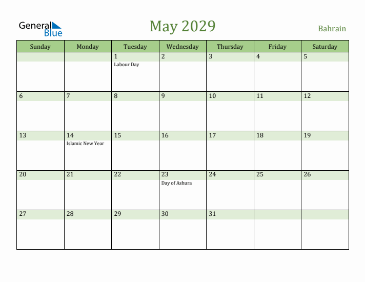 May 2029 Calendar with Bahrain Holidays