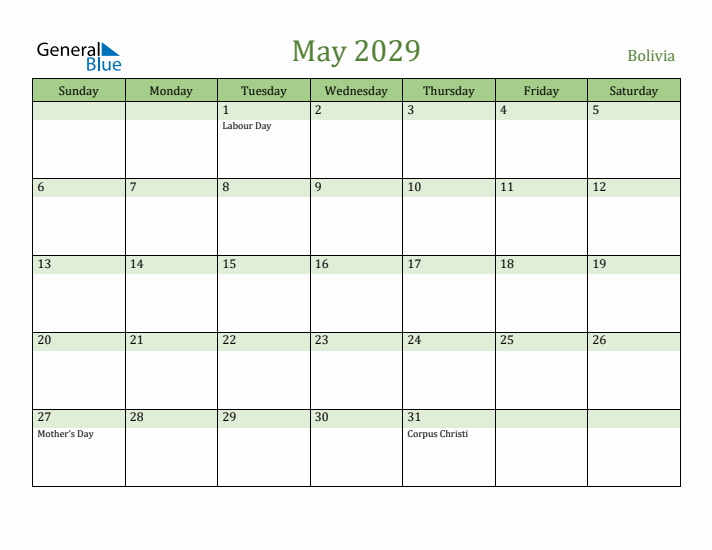 May 2029 Calendar with Bolivia Holidays