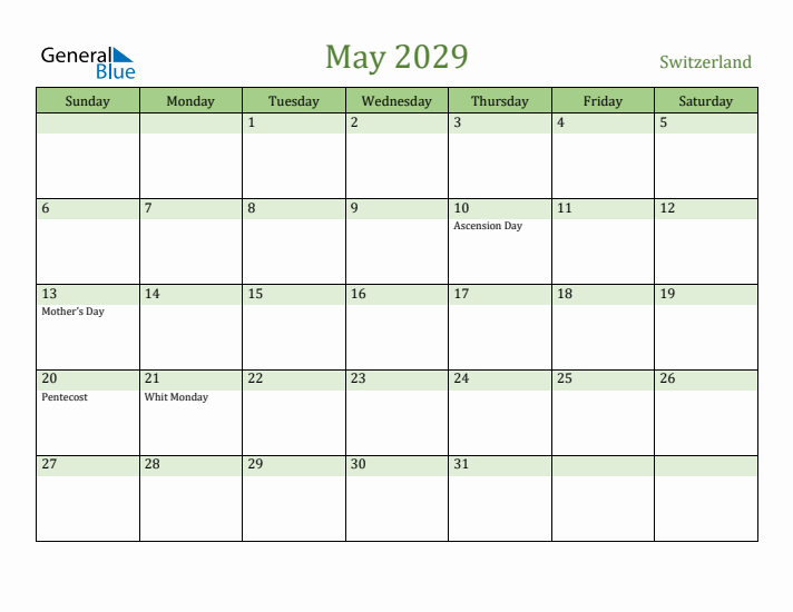 May 2029 Calendar with Switzerland Holidays