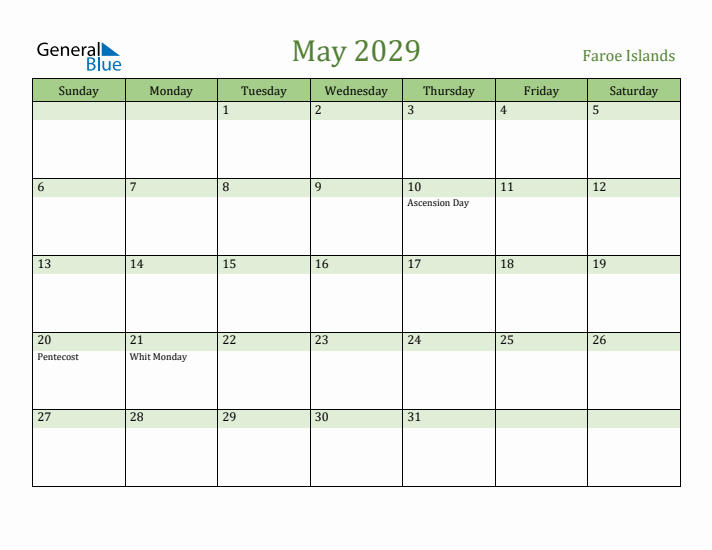 May 2029 Calendar with Faroe Islands Holidays