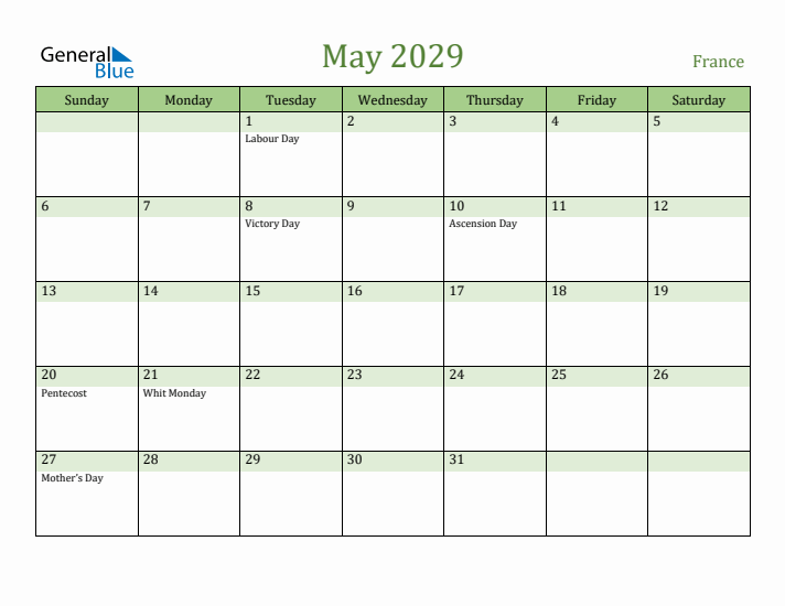 May 2029 Calendar with France Holidays