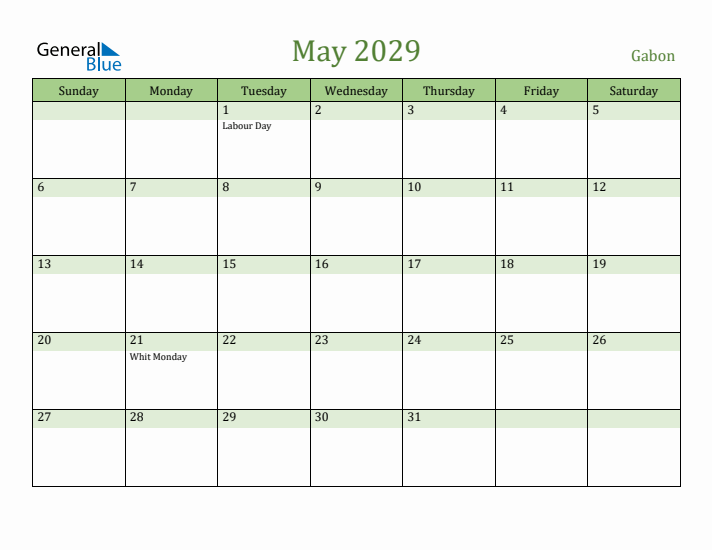 May 2029 Calendar with Gabon Holidays