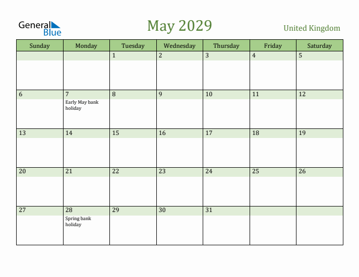 May 2029 Calendar with United Kingdom Holidays