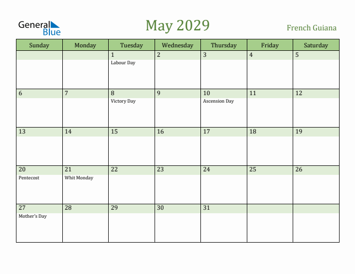 May 2029 Calendar with French Guiana Holidays