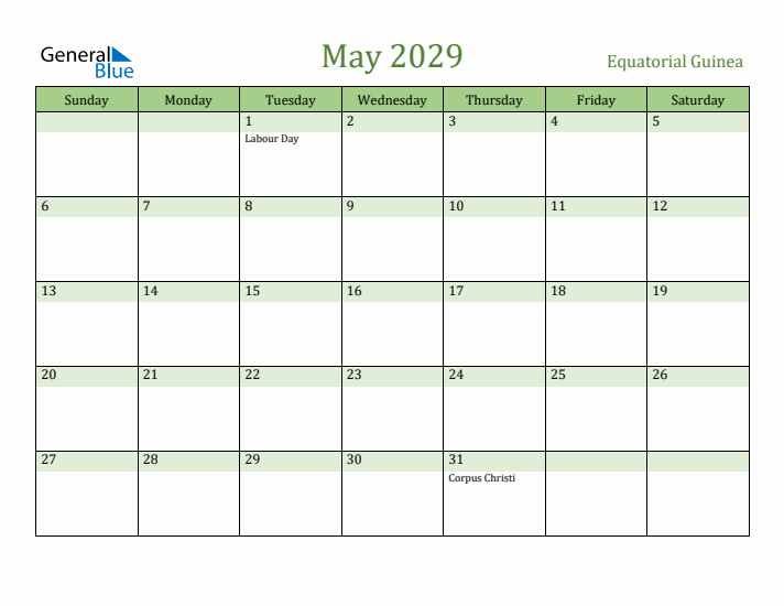 May 2029 Calendar with Equatorial Guinea Holidays