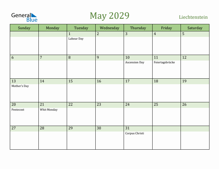 May 2029 Calendar with Liechtenstein Holidays