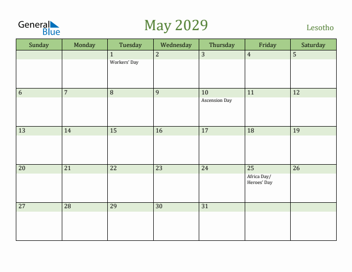 May 2029 Calendar with Lesotho Holidays