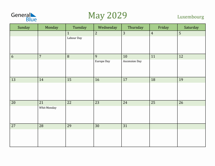 May 2029 Calendar with Luxembourg Holidays