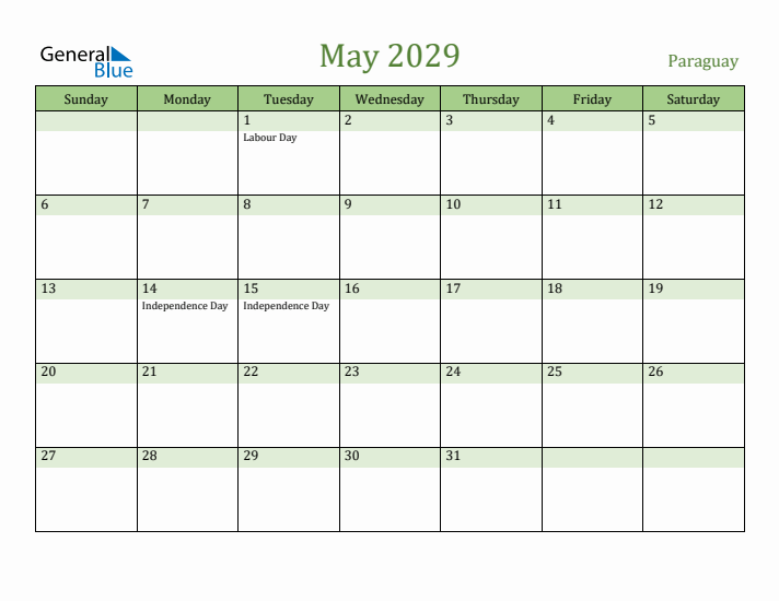 May 2029 Calendar with Paraguay Holidays