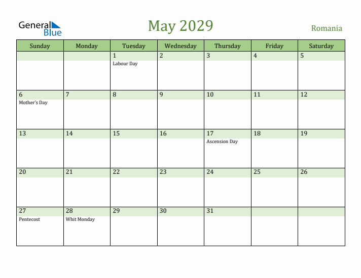 May 2029 Calendar with Romania Holidays