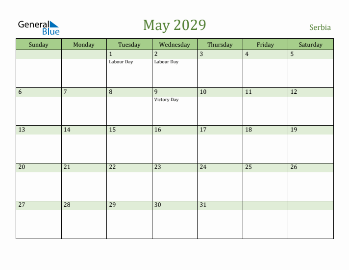 May 2029 Calendar with Serbia Holidays