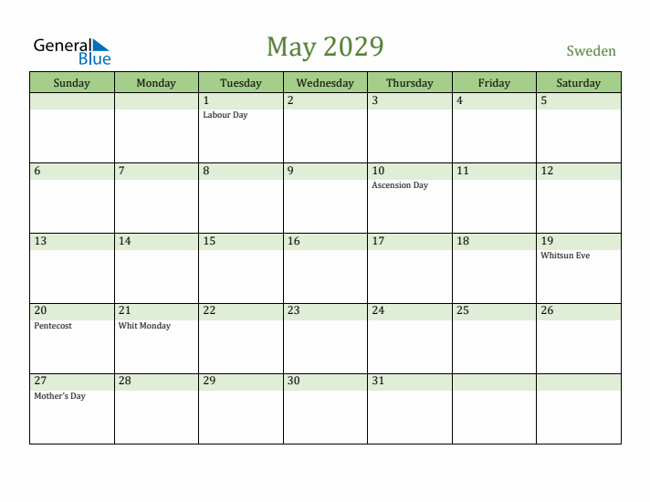 May 2029 Calendar with Sweden Holidays