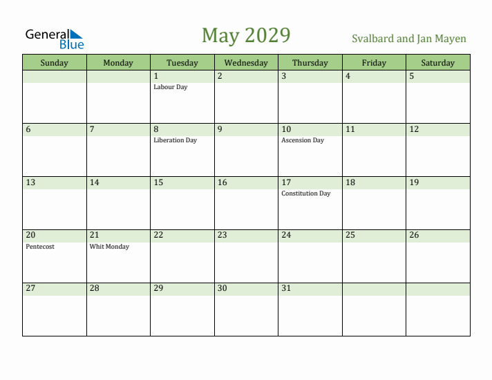 May 2029 Calendar with Svalbard and Jan Mayen Holidays