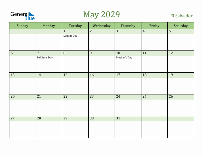 May 2029 Calendar with El Salvador Holidays