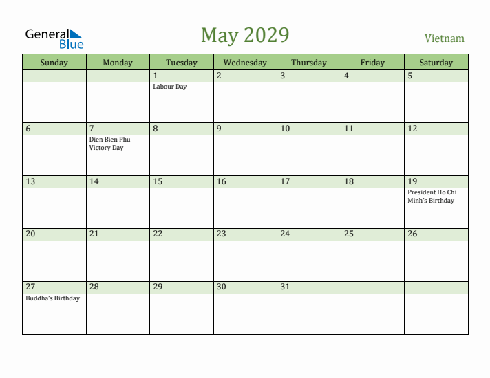 May 2029 Calendar with Vietnam Holidays