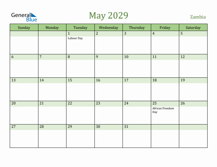 May 2029 Calendar with Zambia Holidays