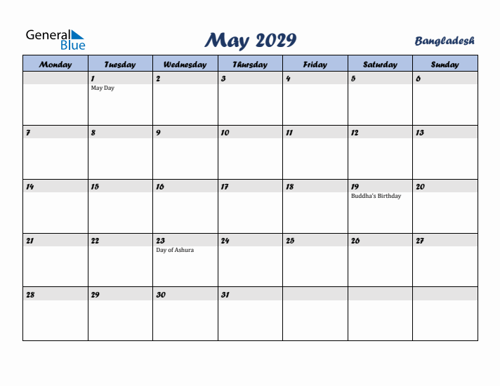 May 2029 Calendar with Holidays in Bangladesh