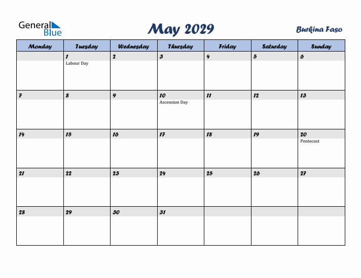 May 2029 Calendar with Holidays in Burkina Faso