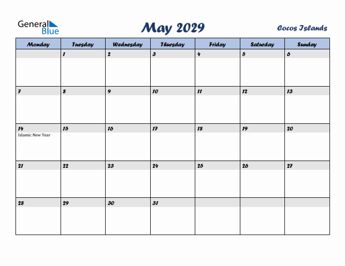 May 2029 Calendar with Holidays in Cocos Islands