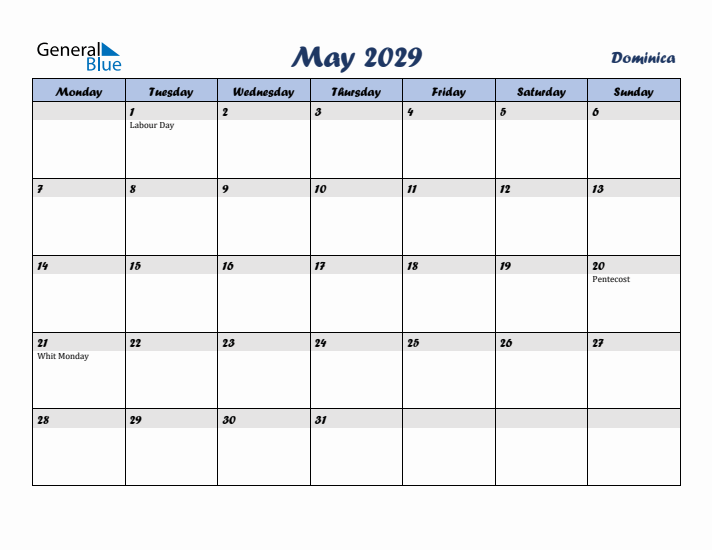 May 2029 Calendar with Holidays in Dominica