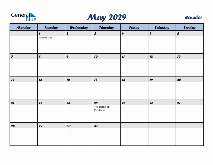 May 2029 Calendar with Holidays in Ecuador