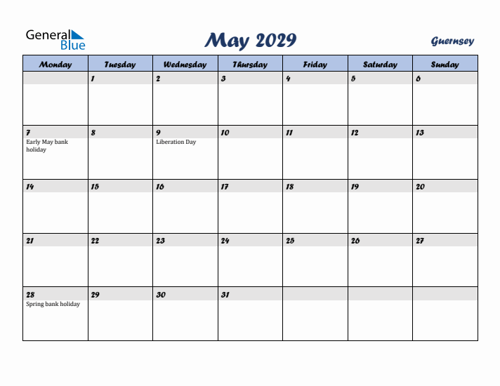 May 2029 Calendar with Holidays in Guernsey