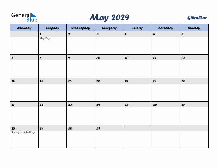 May 2029 Calendar with Holidays in Gibraltar