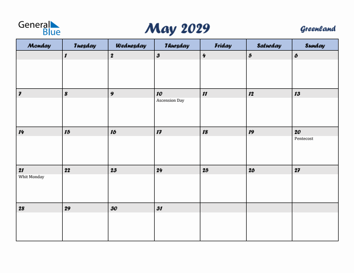 May 2029 Calendar with Holidays in Greenland