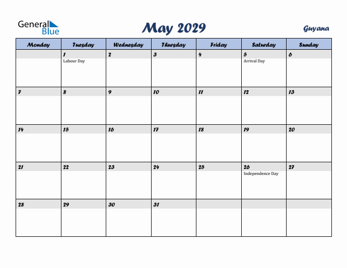 May 2029 Calendar with Holidays in Guyana