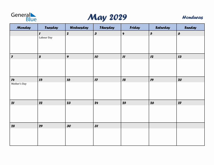 May 2029 Calendar with Holidays in Honduras