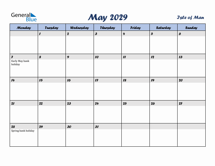 May 2029 Calendar with Holidays in Isle of Man