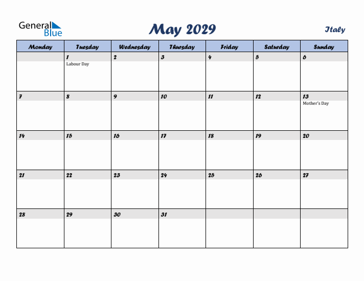 May 2029 Calendar with Holidays in Italy