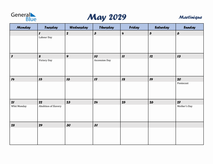 May 2029 Calendar with Holidays in Martinique