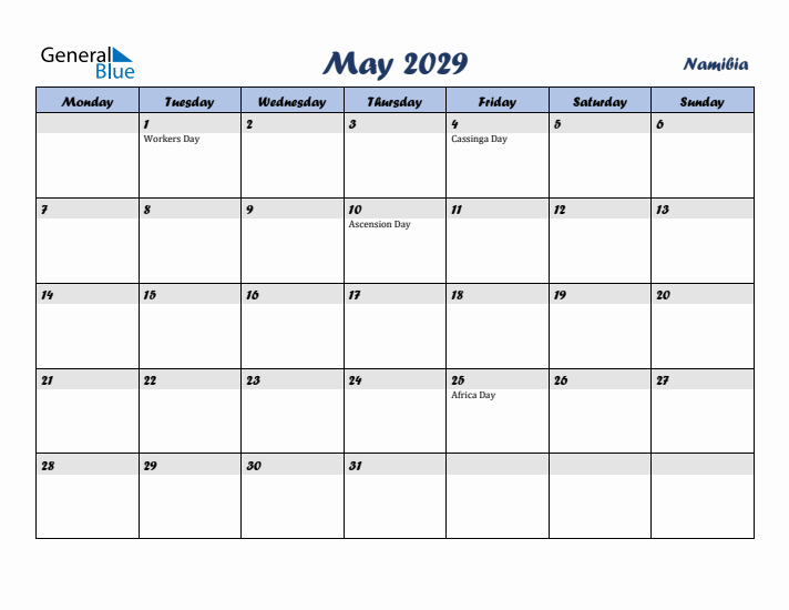 May 2029 Calendar with Holidays in Namibia