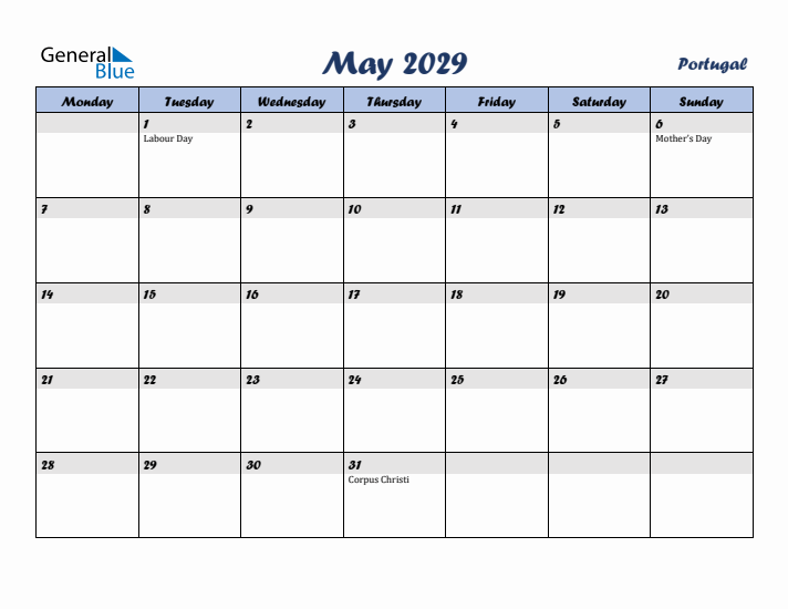 May 2029 Calendar with Holidays in Portugal