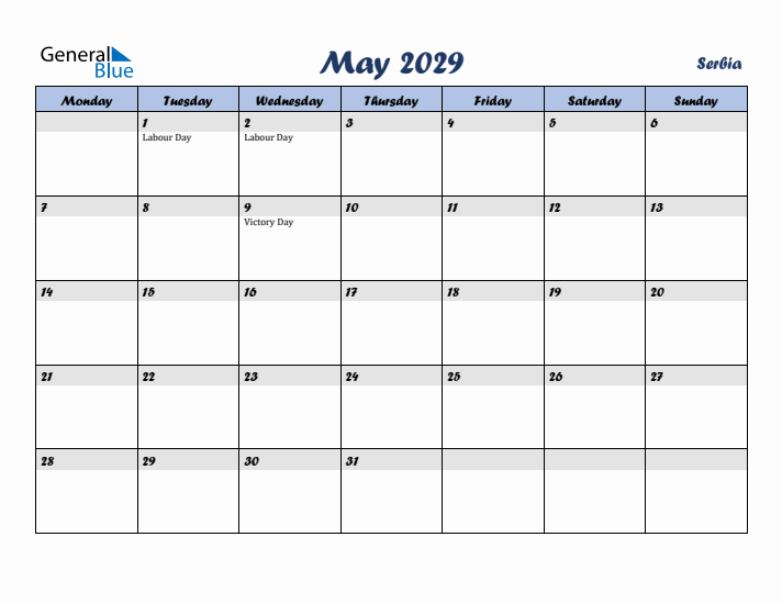 May 2029 Calendar with Holidays in Serbia