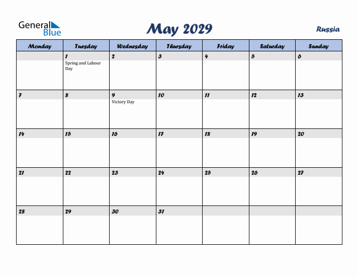 May 2029 Calendar with Holidays in Russia