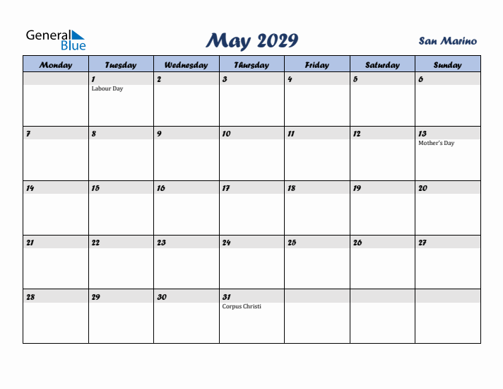 May 2029 Calendar with Holidays in San Marino