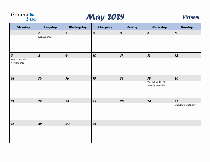 May 2029 Calendar with Holidays in Vietnam