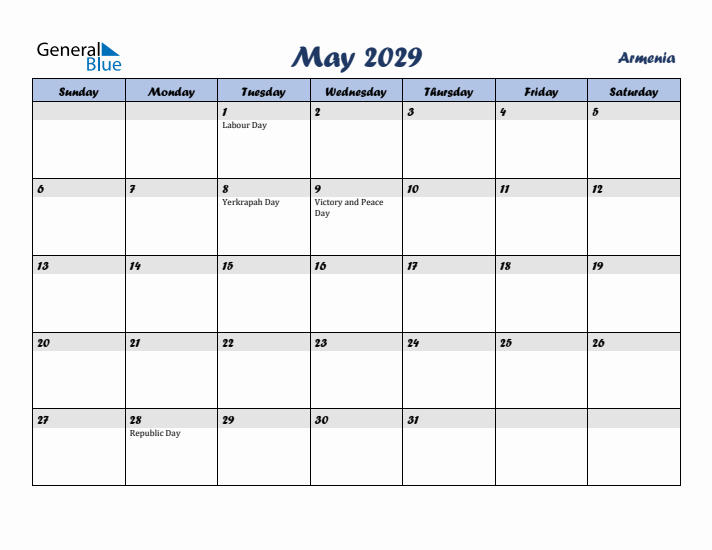 May 2029 Calendar with Holidays in Armenia